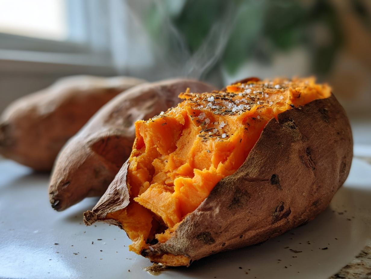 A close-up of a fluffy baked sweet potato, split open and topped with coarse salt and herbs, steaming slightly.