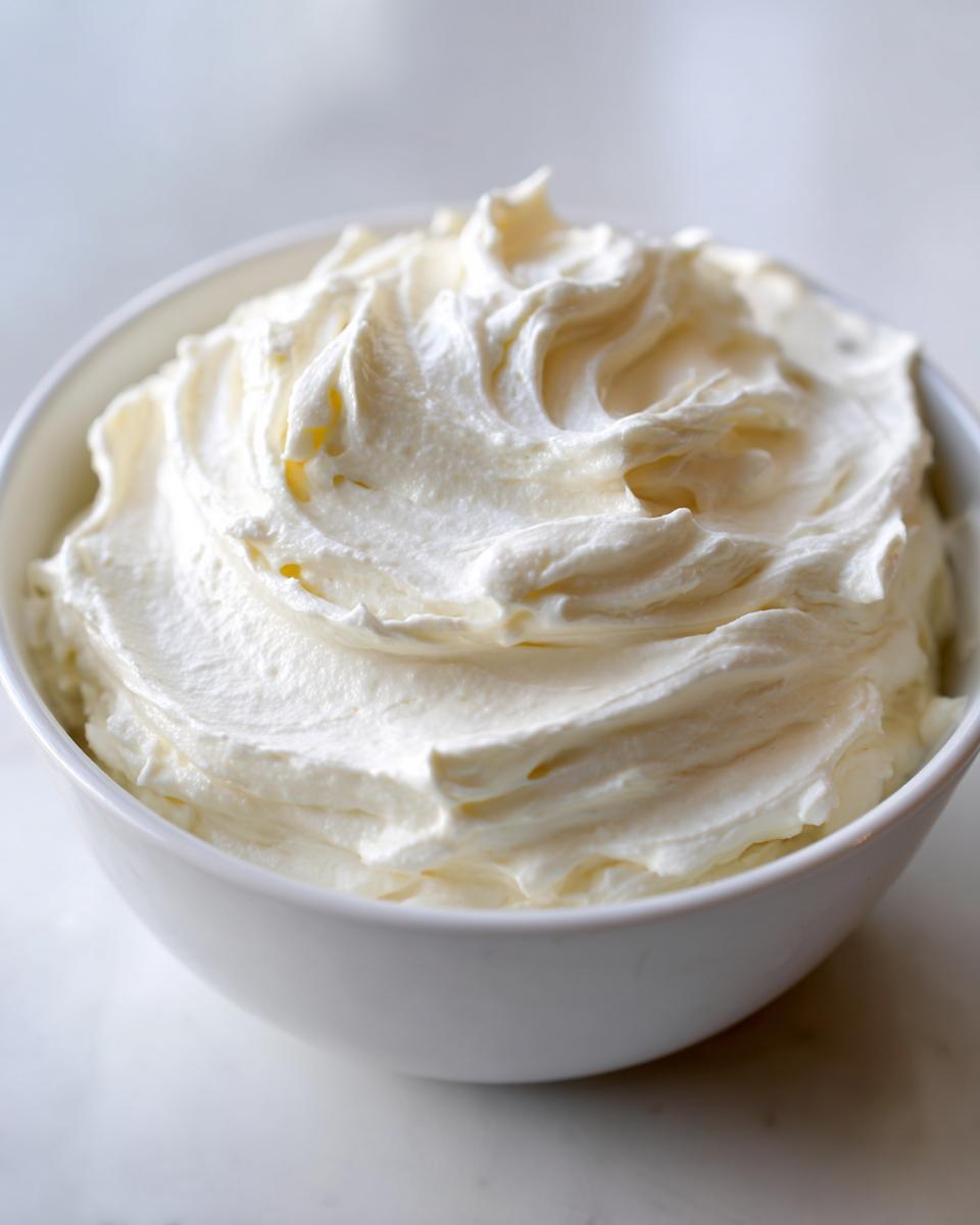 A white bowl filled with freshly whipped, fluffy cream cheese frosting showing soft peaks.
