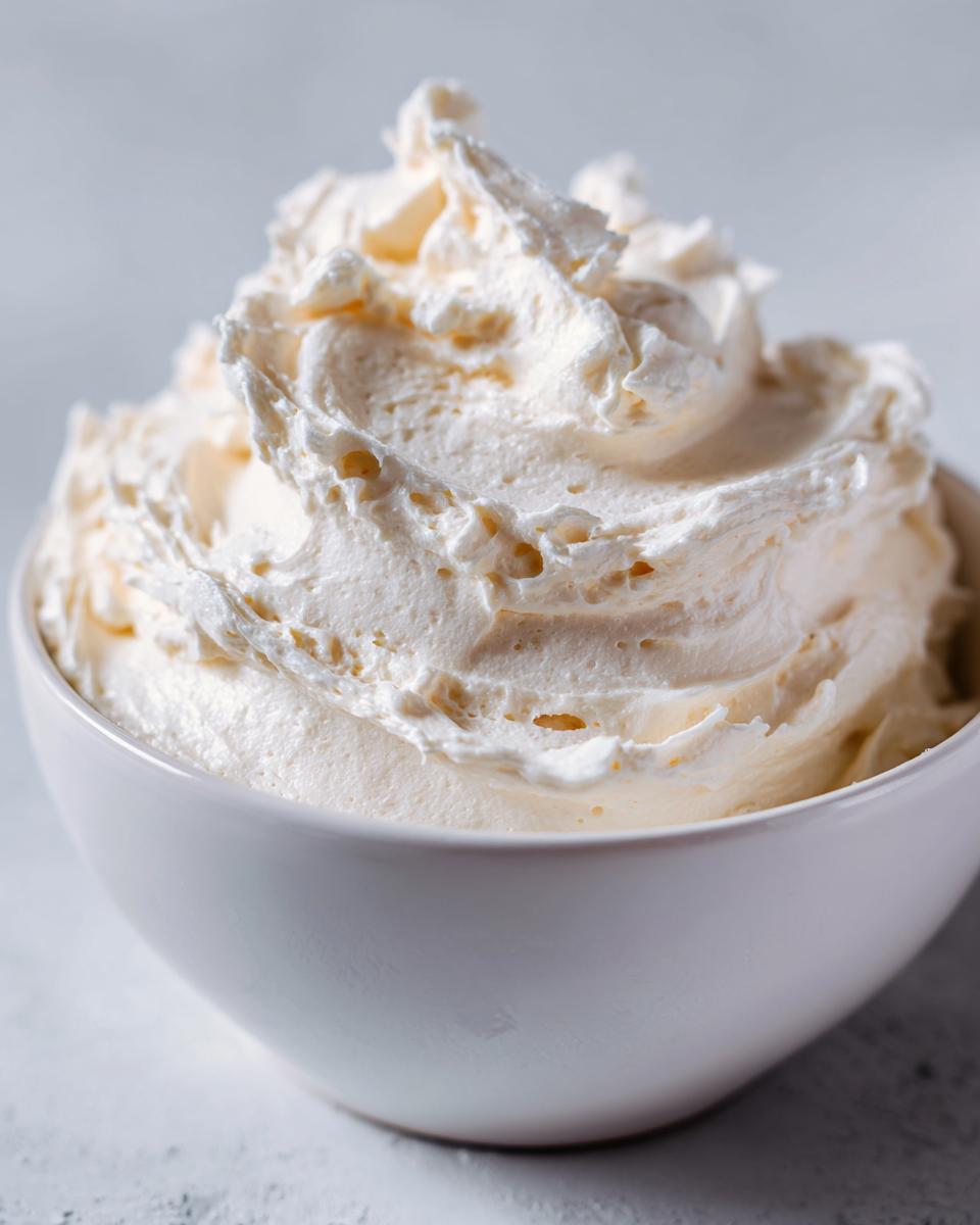 Close-up of fluffy, piped cream cheese frosting mounded high in a white bowl.
