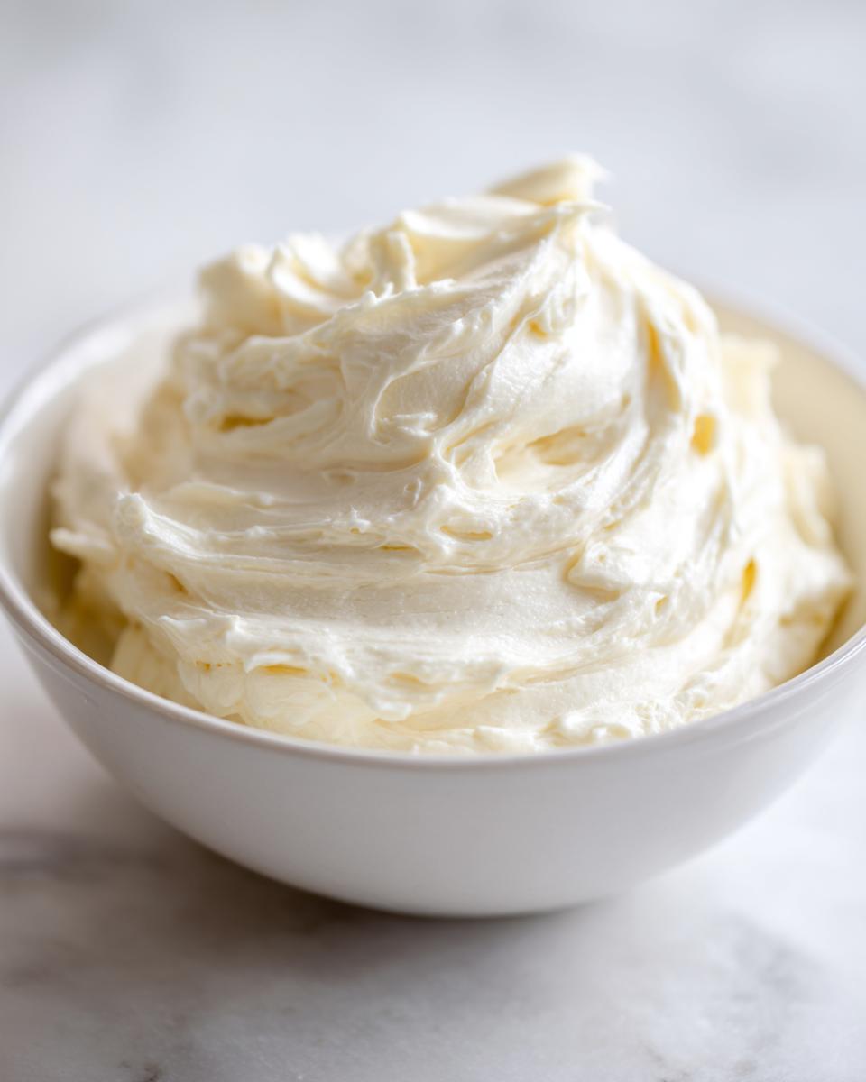 A close-up of fluffy, perfectly swirled cream cheese frosting piled high in a white bowl.