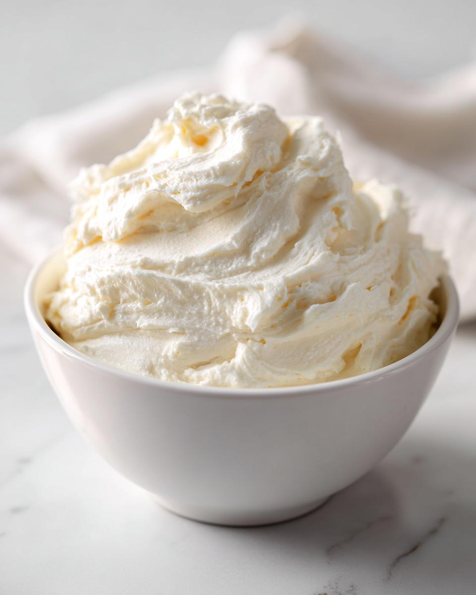 A white bowl filled with freshly whipped, fluffy cream cheese frosting on a marble surface.