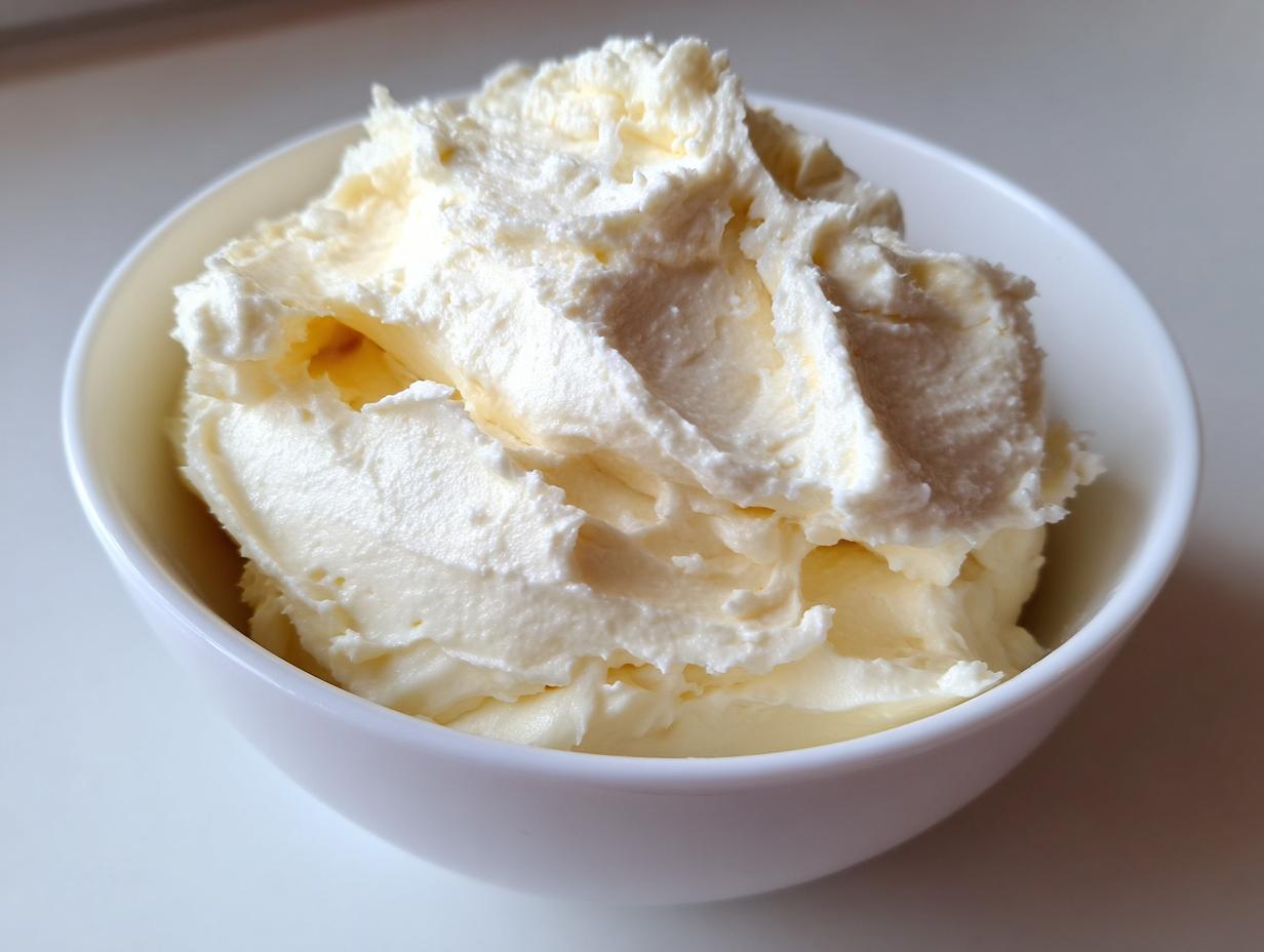 A close-up of fluffy, pale yellow cream cheese frosting generously scooped into a small white bowl.