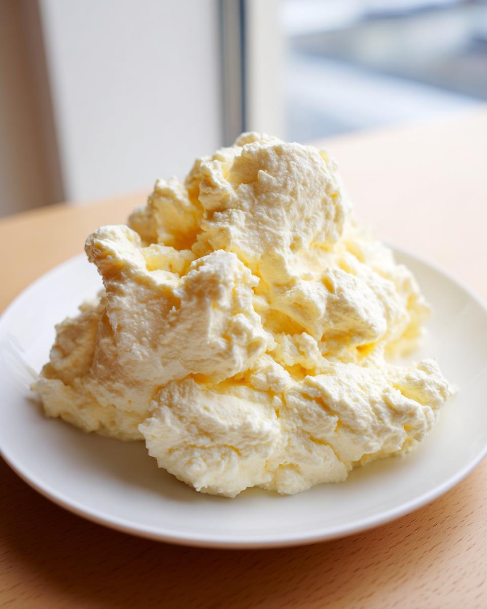 A mound of incredibly fluffy, creamy curds, likely the result of making perfect scrambled eggs.