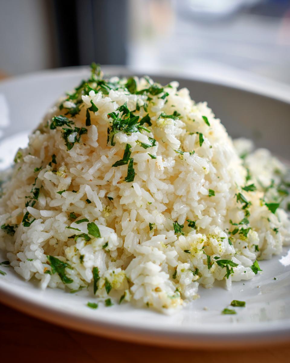 A mound of fluffy white garlic butter rice generously topped with chopped fresh green parsley on a white plate.