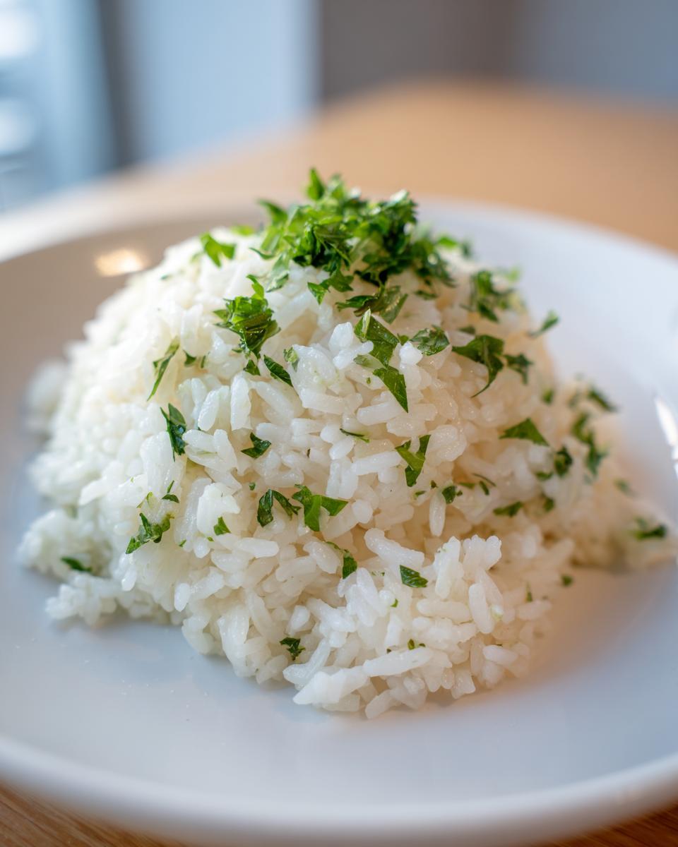 A mound of fluffy white garlic butter rice topped generously with chopped fresh parsley on a white plate.