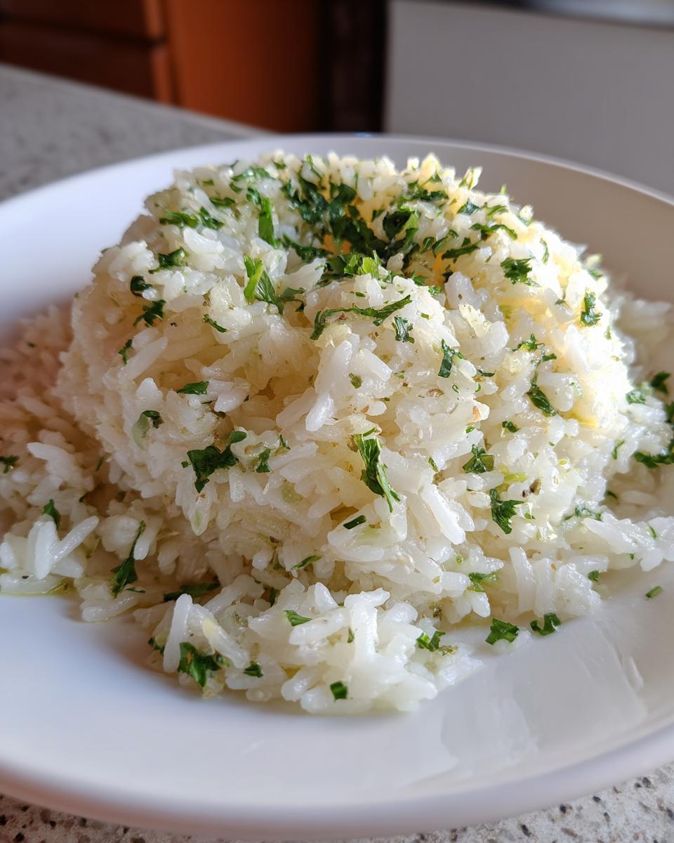 A mound of fluffy white garlic butter rice topped generously with chopped fresh green parsley.