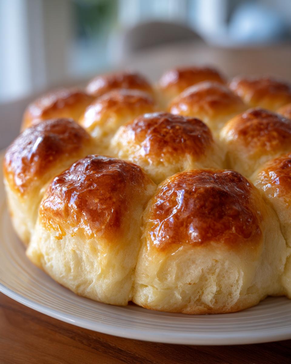 Close-up of freshly baked homemade dinner rolls with a shiny, golden-brown butter glaze.