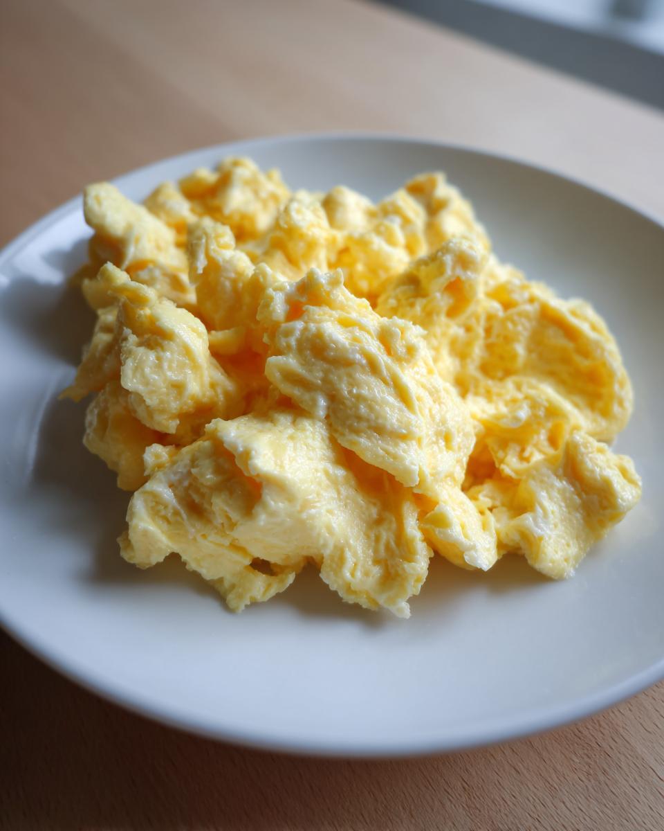 Close-up of perfectly cooked, fluffy scrambled eggs piled high on a white plate.