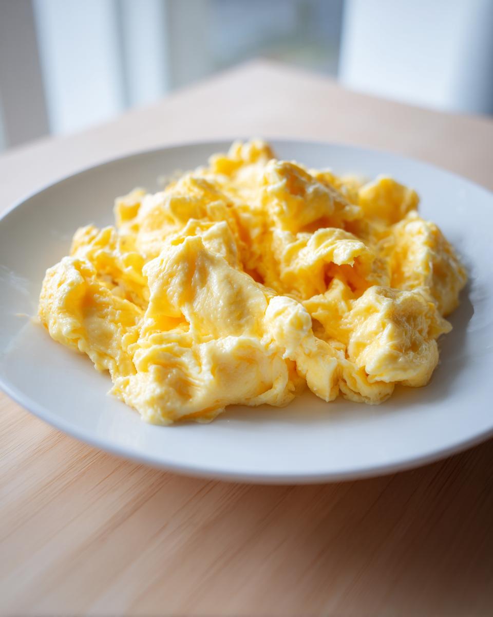A close-up of perfectly fluffy scrambled eggs served on a white plate, highlighting the creamy texture.