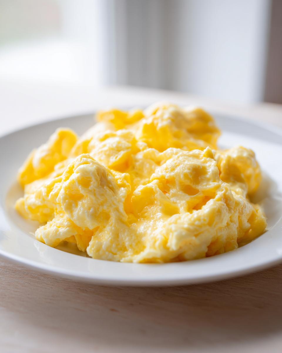 A close-up of creamy, fluffy scrambled eggs served on a simple white plate.