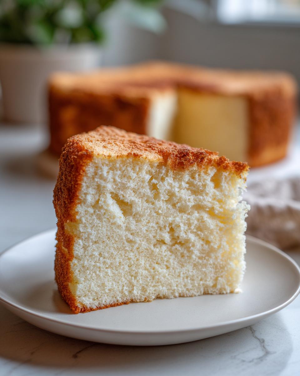 A close-up of a fluffy slice of vanilla cake on a light plate, showing its airy texture.