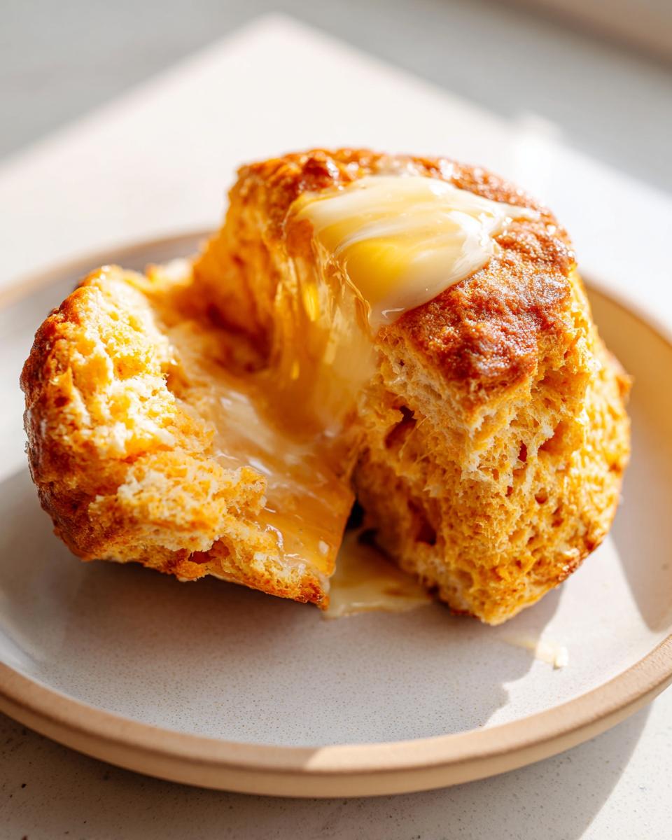 A fluffy sweet potato biscuit, split open, topped with melting butter dripping into the center.
