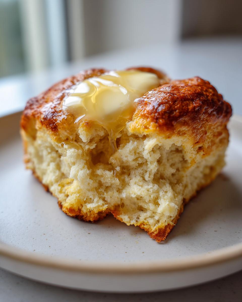 Close-up of a fluffy sweet potato biscuit, split open, topped with melting butter and drizzled honey.