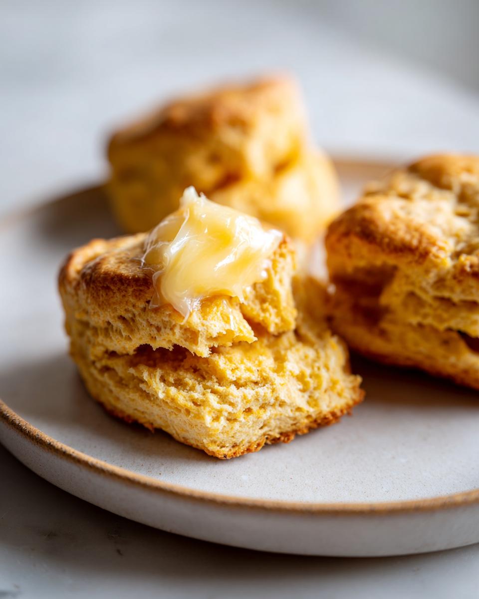 Close-up of a fluffy sweet potato biscuits split open and topped with melted honey butter on a light plate.