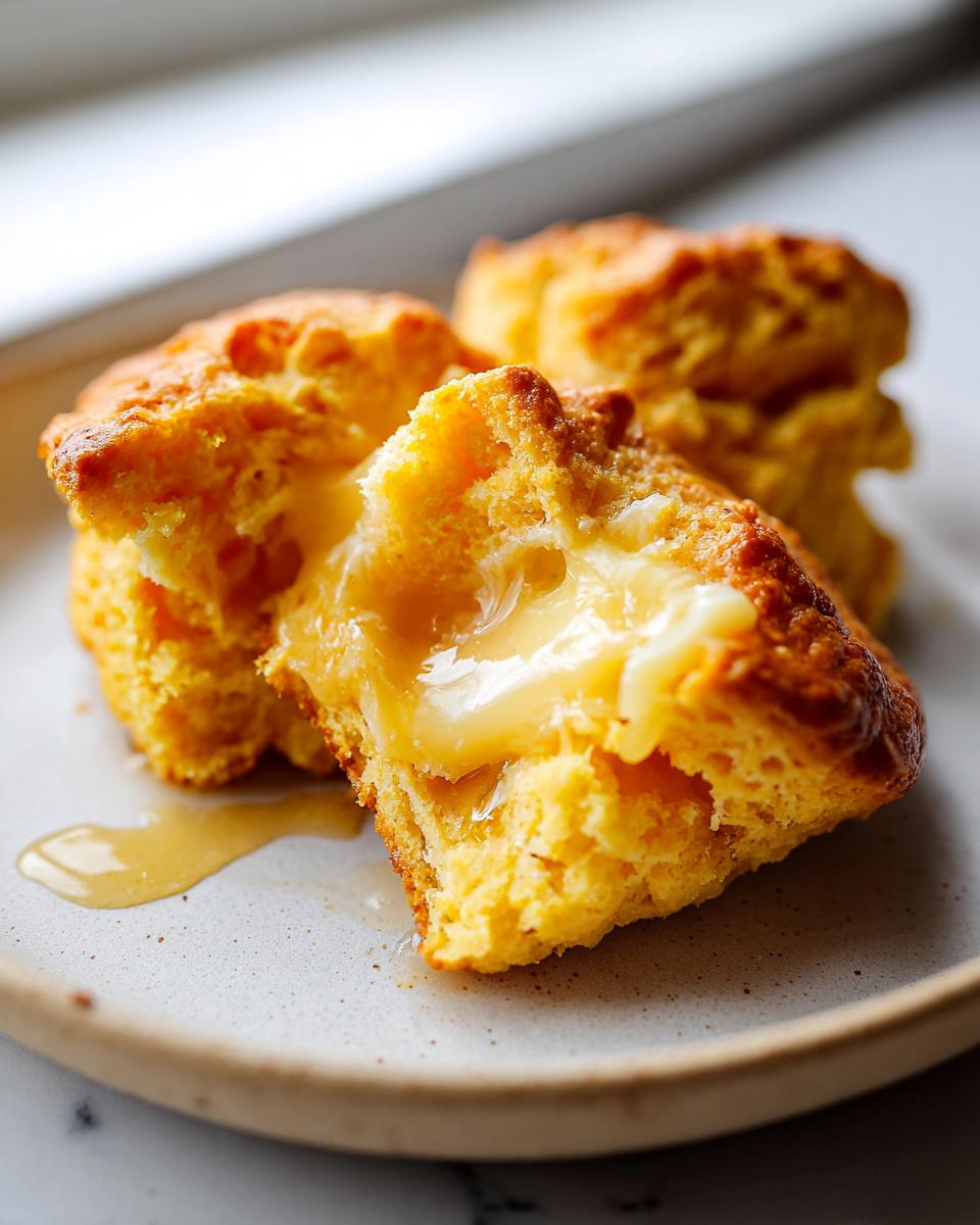 Close-up of fluffy sweet potato biscuits split open, oozing with melted butter and honey.