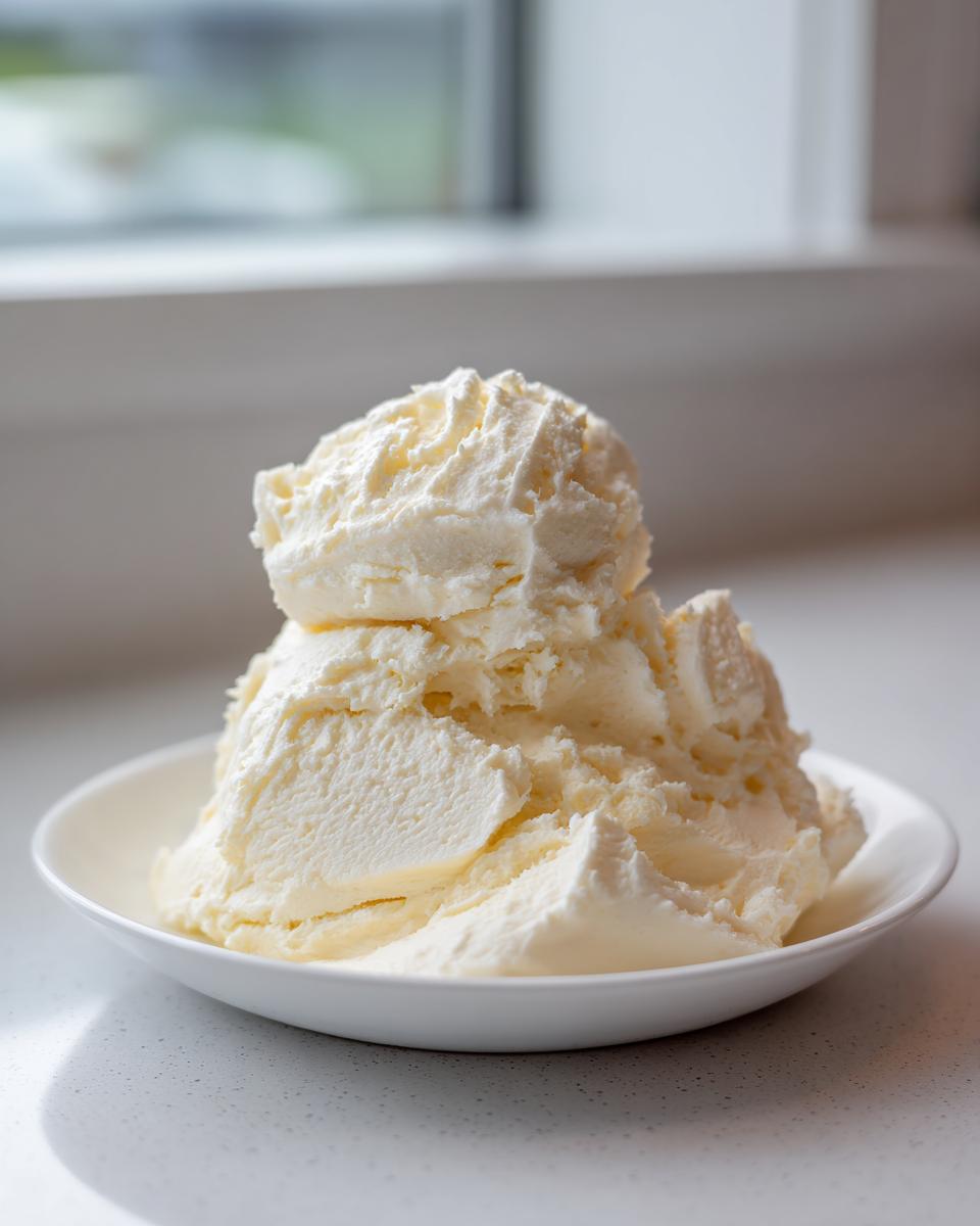 A generous mound of fluffy, pale yellow vanilla buttercream frosting served in a small white bowl.