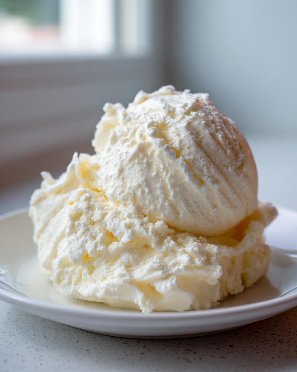 A generous scoop of light and fluffy vanilla buttercream frosting sitting on a small white plate.