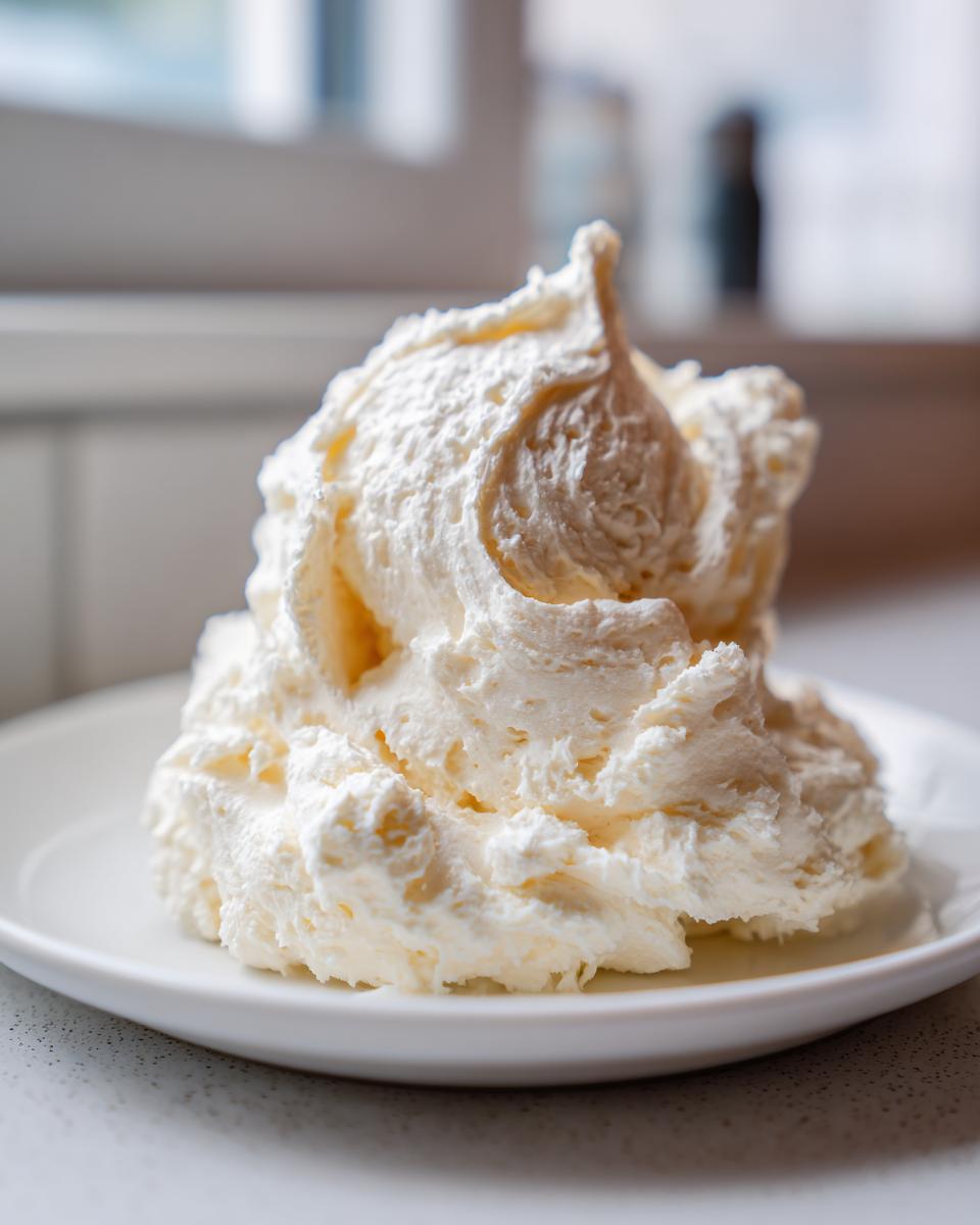 A generous, fluffy swirl of white vanilla buttercream frosting piled high on a small white plate.