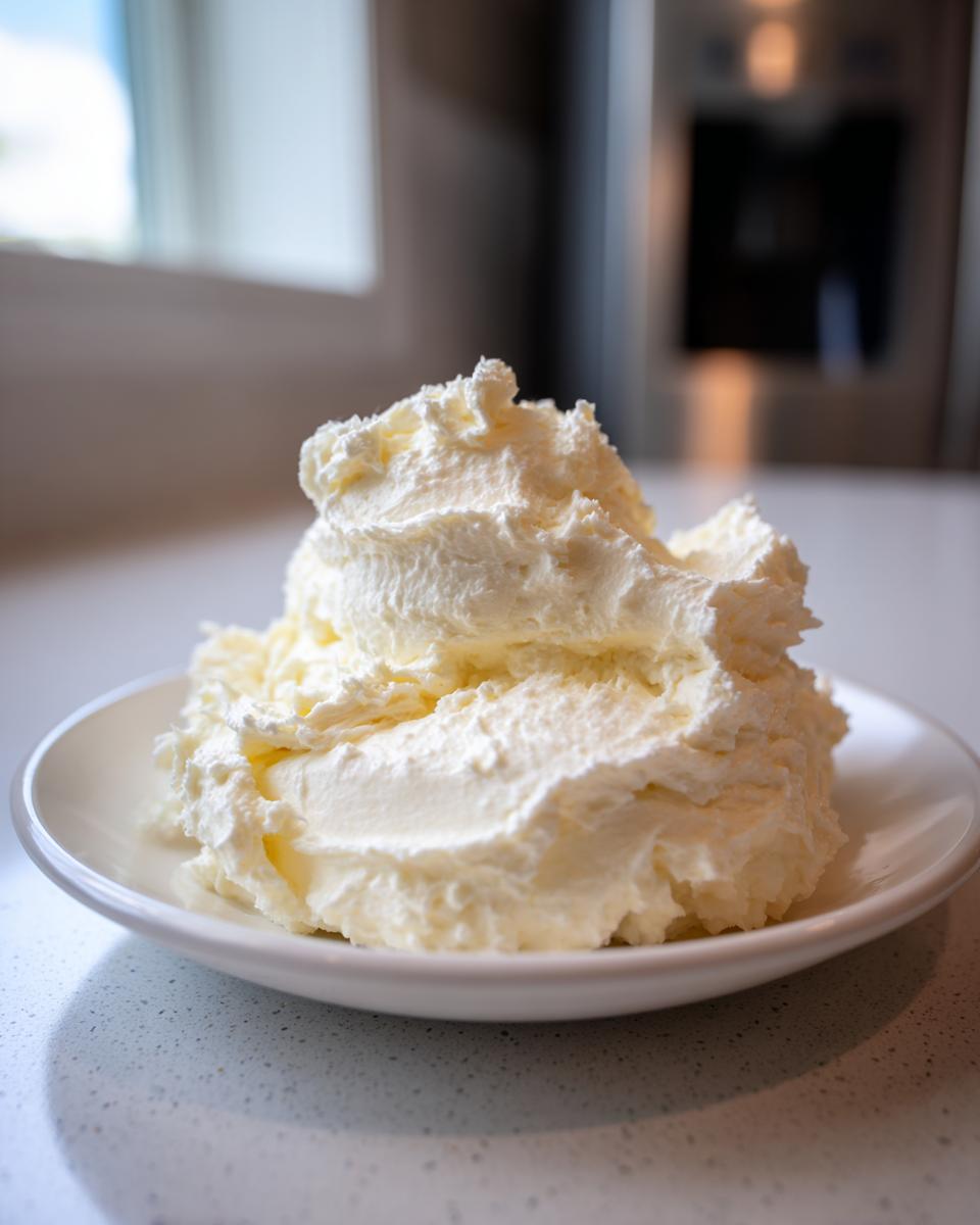 A generous swirl of fluffy, pale yellow vanilla buttercream frosting piled high on a small white plate.