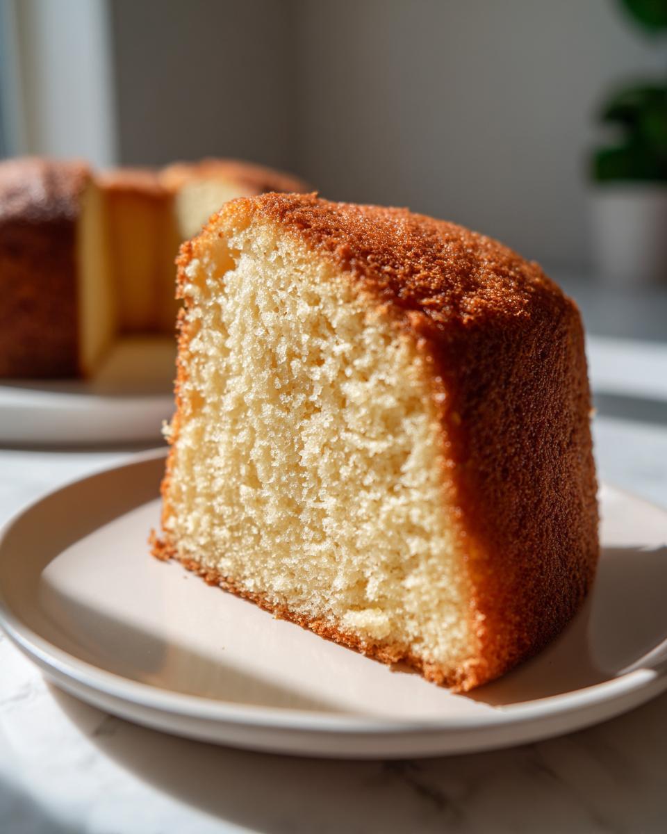 Close-up of a moist slice of vanilla cake with a golden crust, served on a light plate.