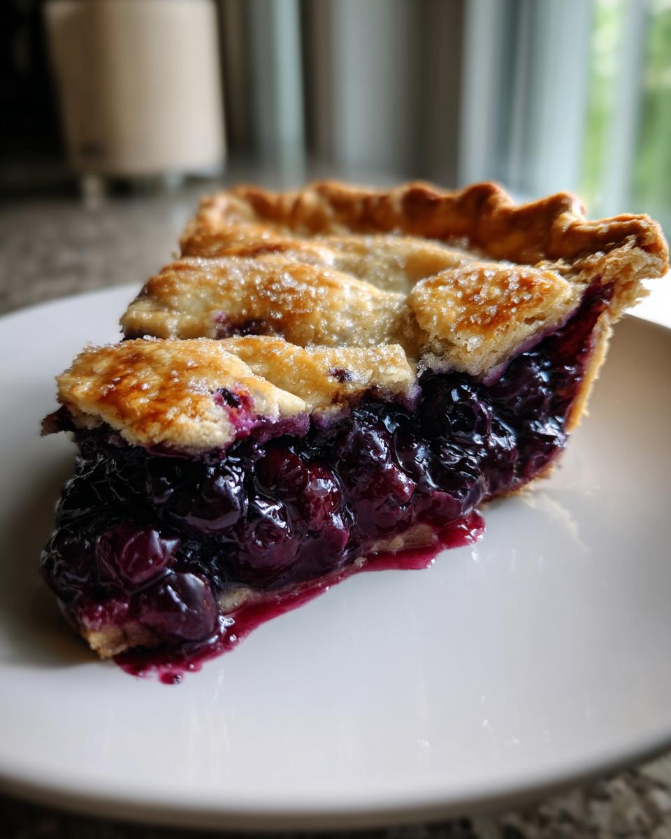 Close-up of a thick slice of blueberry pie recipe showing juicy filling and sugared crust.