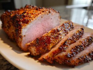 Close-up of a juicy pork loin roast, perfectly cooked to 145°, sliced to show the pink interior and seasoned crust.