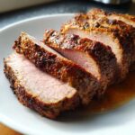 Close-up of thick slices of juicy pork loin roast with a dark, seasoned crust resting in its own juices.