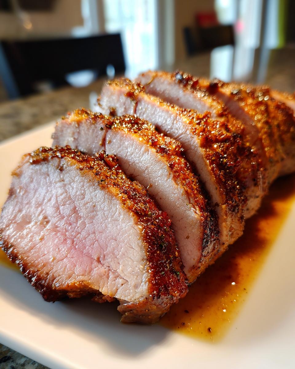 Close-up of several juicy slices of perfectly cooked pork loin roast with a seasoned crust resting in its juices.