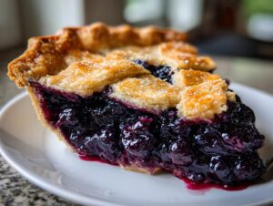 Close-up of a thick slice of blueberry pie recipe showing juicy filling and flaky crust.