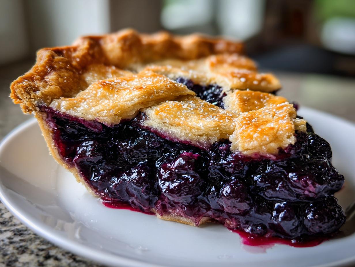 Close-up of a thick slice of blueberry pie recipe showing juicy filling and flaky crust.