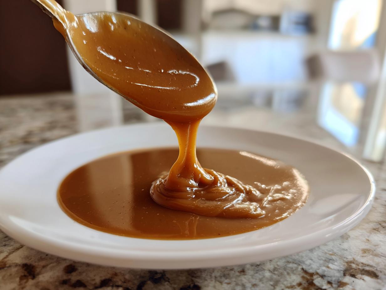 Close-up of rich, brown turkey gravy being poured from a spoon onto a white plate, showing its thick consistency.