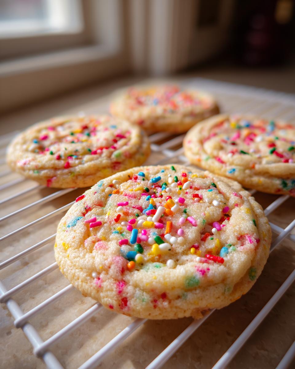 Four freshly baked cake batter cookies topped with colorful sprinkles cooling on a white wire rack.