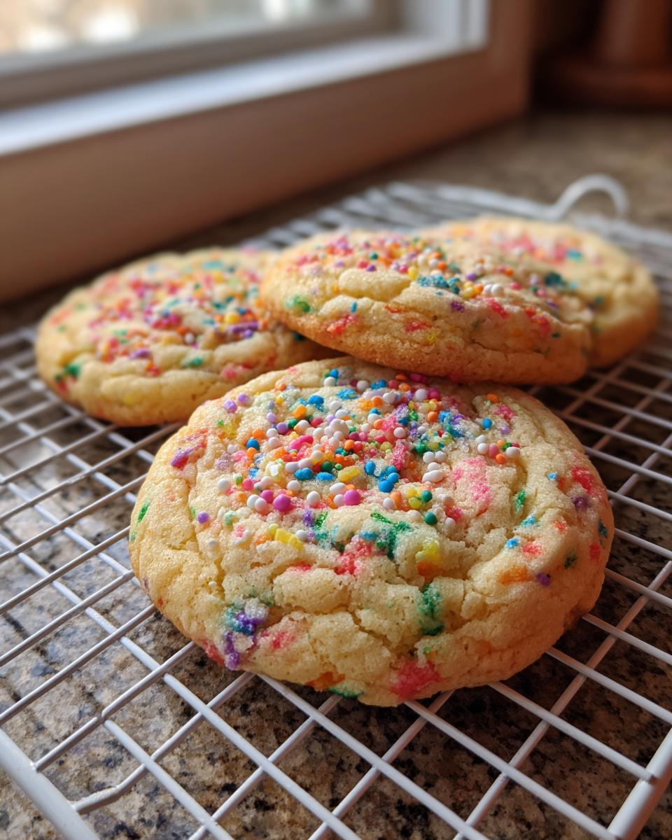 Three soft, thick cake batter cookies topped with colorful sprinkles cooling on a white wire rack.