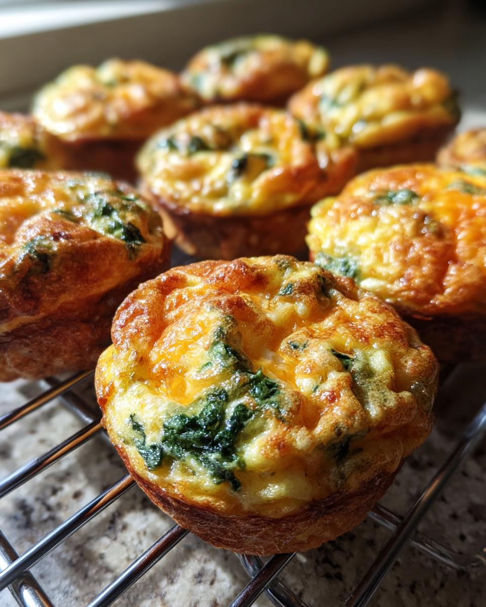 A close-up of a golden-brown, baked egg muffin filled with spinach and cheese, cooling on a wire rack.