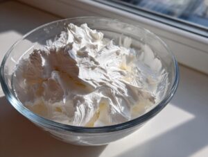 A clear glass bowl filled with freshly mixed, stiff white royal icing recipe, catching bright sunlight.