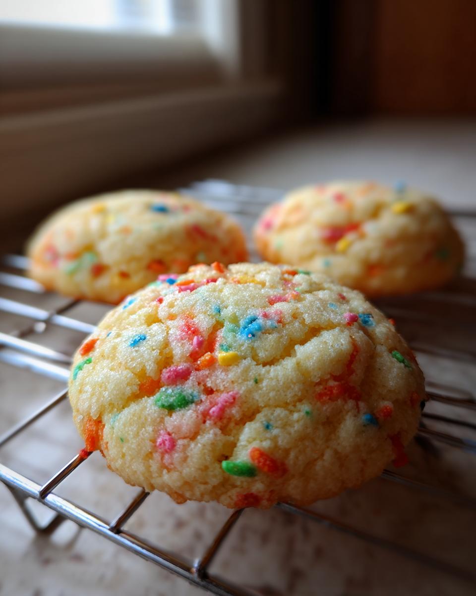 Three soft, round cake batter cookies covered in colorful sprinkles resting on a wire cooling rack.
