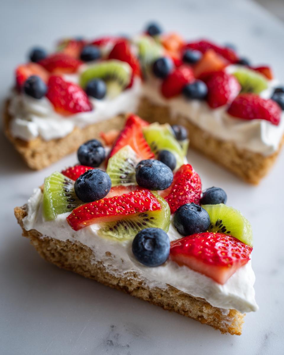 A close-up slice of fruit pizza sugar cookie topped with whipped cream, strawberries, blueberries, and kiwi.