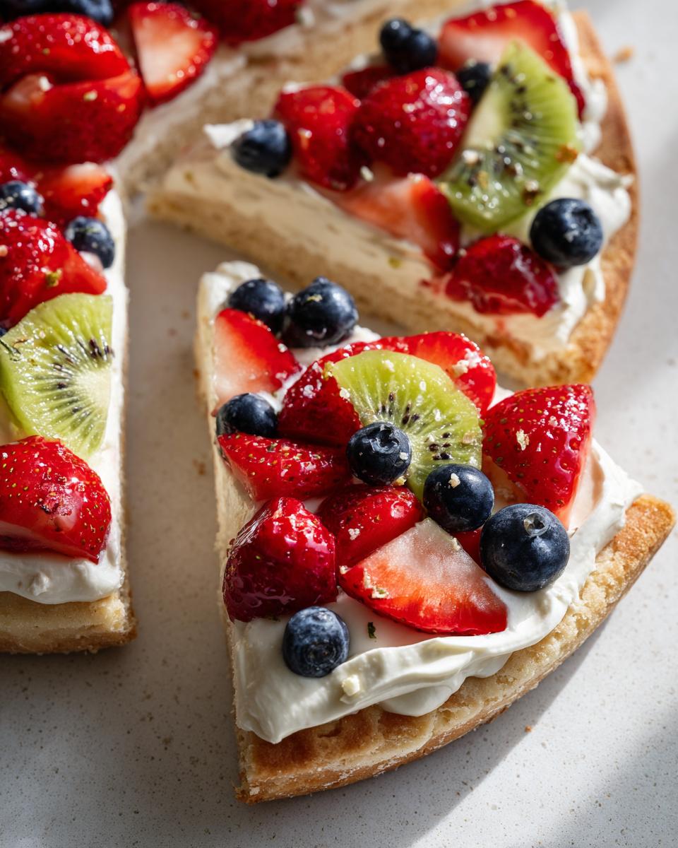 Close-up of a slice of fruit pizza sugar cookie topped with cream cheese frosting, strawberries, blueberries, and kiwi.