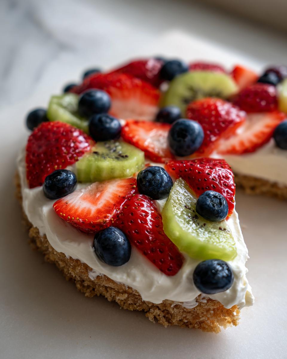 Close-up of a slice of fruit pizza sugar cookie topped with cream cheese frosting, strawberries, blueberries, and kiwi.