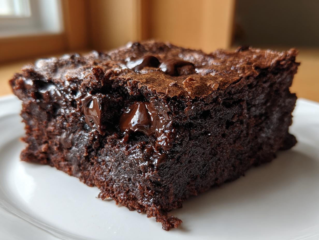 A close-up, decadent square of fudgy brownies featuring a shiny, crackly top and gooey, melted chocolate chips inside.