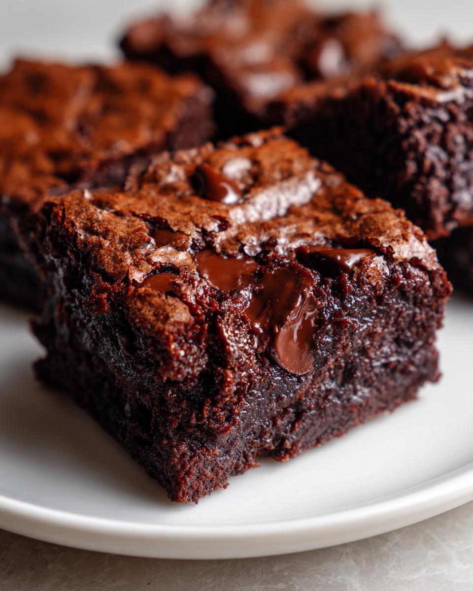 A close-up of a rich, dark square of fudgy brownies topped with a crackly crust and melted chocolate chips.