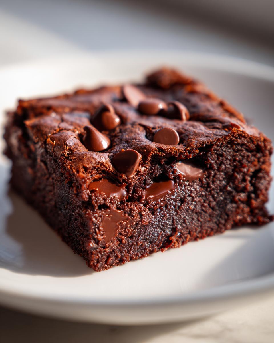 A close-up, decadent slice of fudgy brownies topped with melted chocolate chips on a white plate.