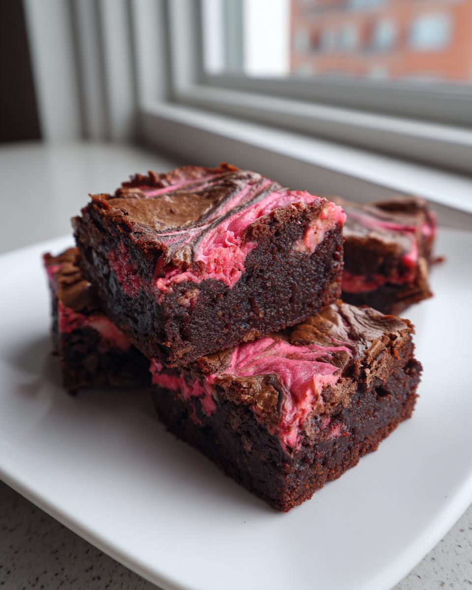 Close-up of fudgy strawberry brownies stacked on a white plate, showing a vibrant pink swirl topping.
