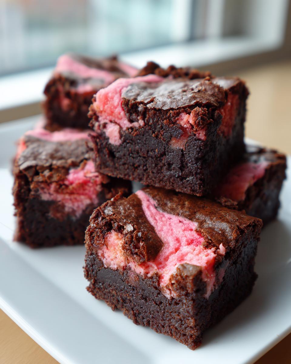 Close-up of fudgy chocolate strawberry brownies with pink swirl topping stacked on a white plate.