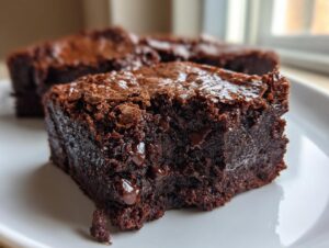 Close-up of a fudgy sweet potato brownies square showing melted chocolate chips and a glossy top.