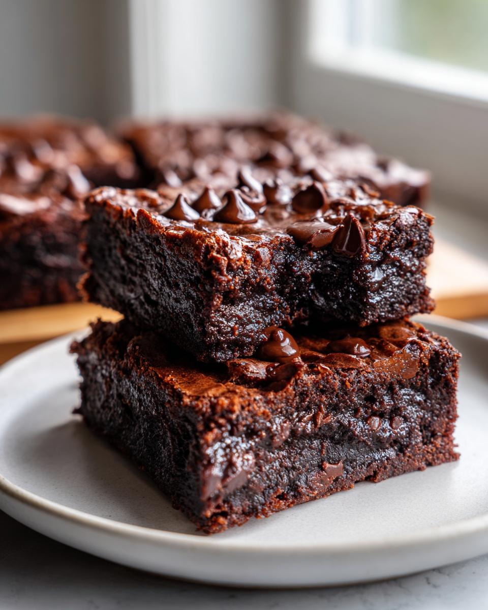 Two fudgy sweet potato brownies stacked on a white plate, topped with melted chocolate chips.