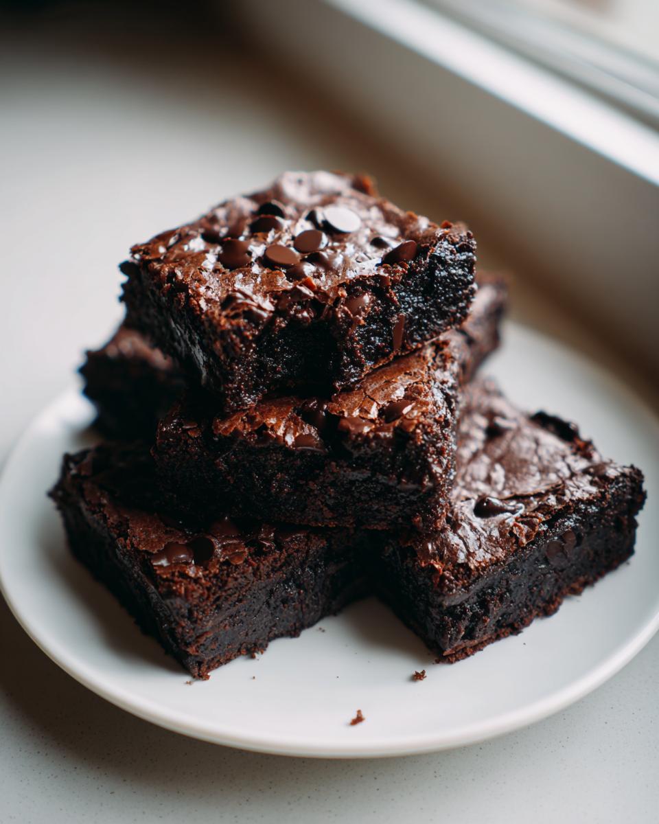 A stack of four rich, dark, fudgy sweet potato brownies topped with melted chocolate chips on a white plate.