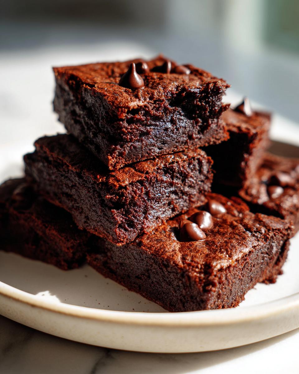 A stack of four fudgy sweet potato brownies topped with chocolate chips, sitting on a light-colored plate.