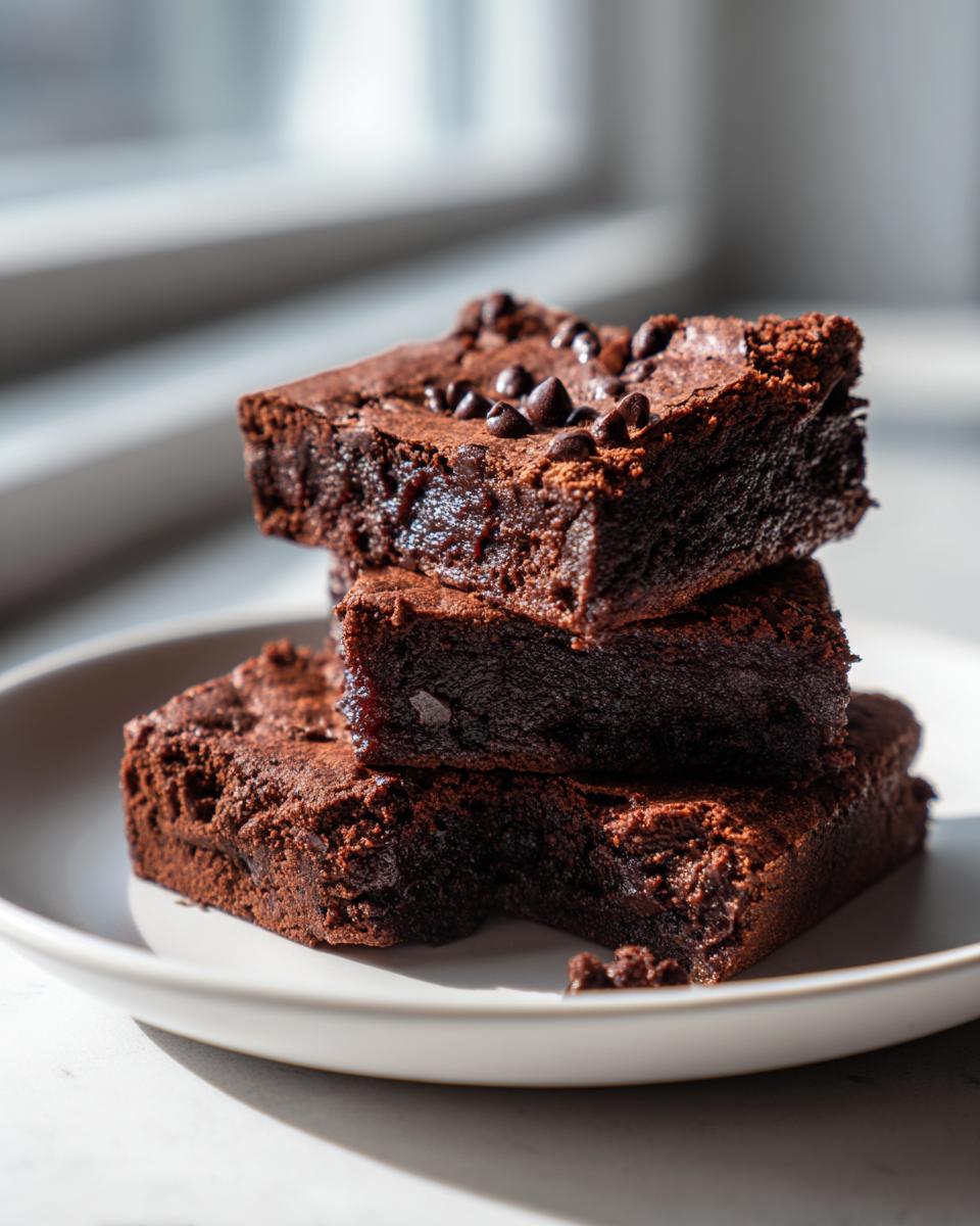 A stack of three fudgy sweet potato brownies topped with mini chocolate chips on a light plate.