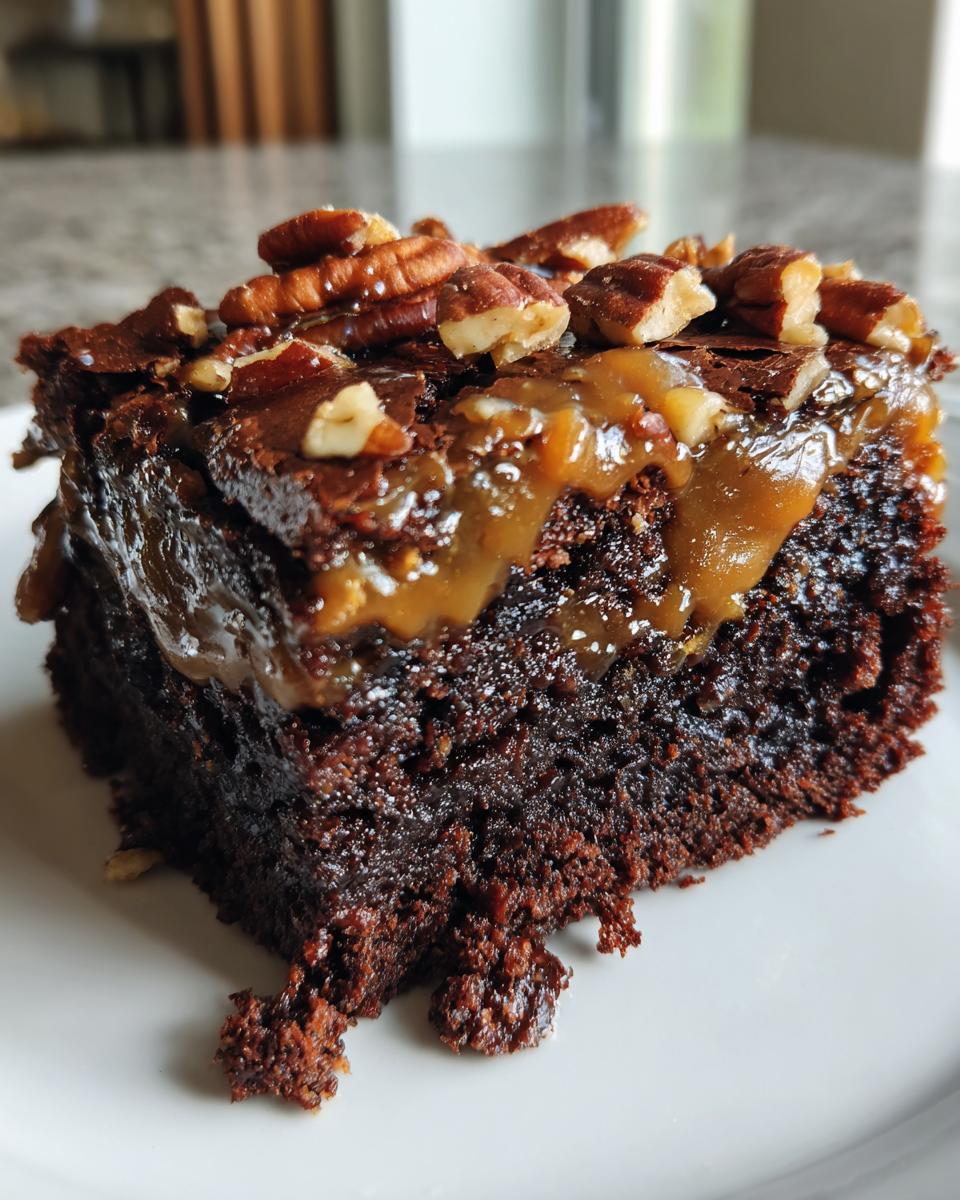 Close-up of a rich, dark chocolate slice of turtle brownies topped with gooey caramel and chopped pecans.